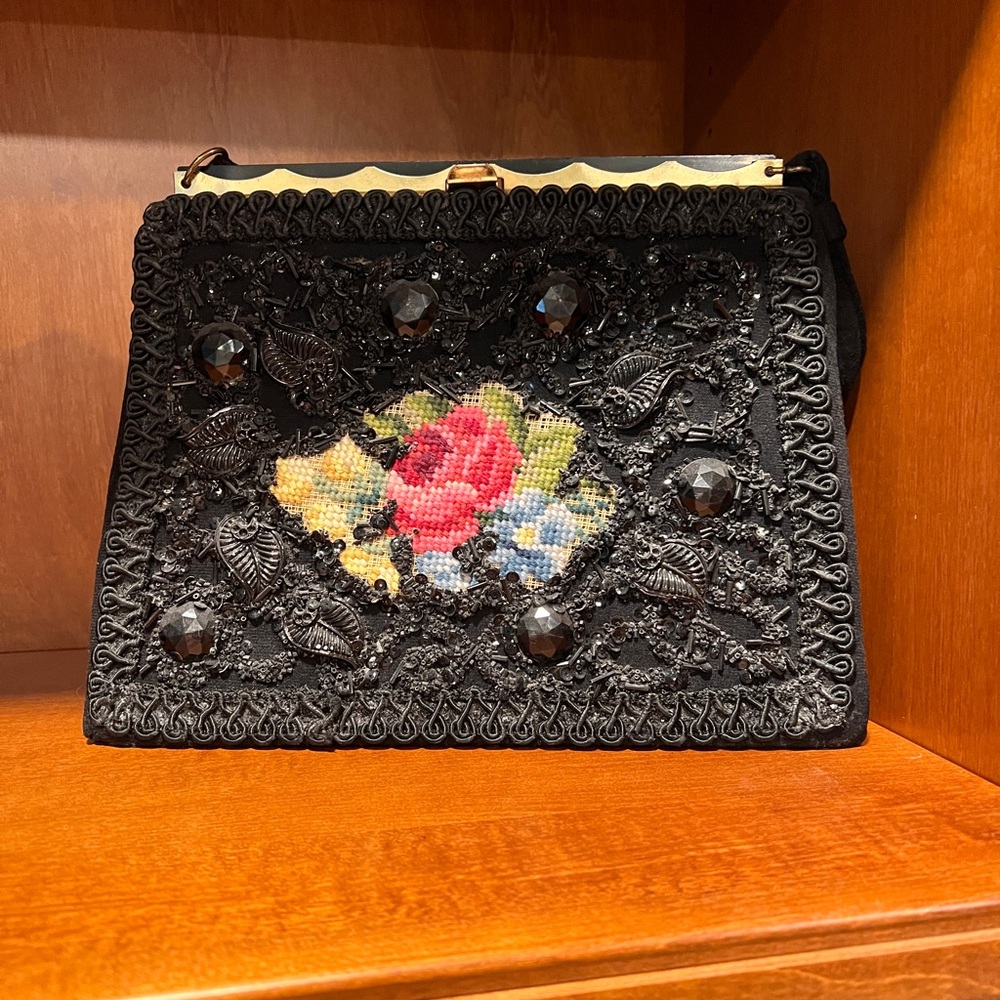 Vintage beaded and embroidered black Wool Satchel Bag Purse Glam 50s